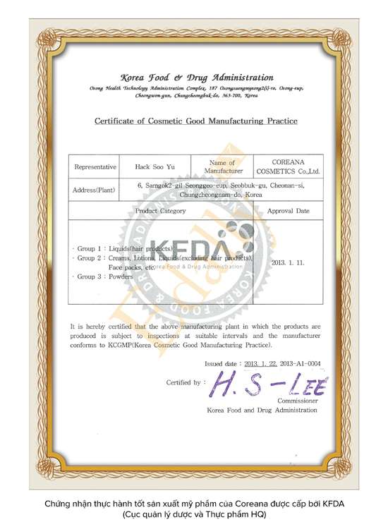 Chứng nhận thực hành tốt sản xuất mỹ phẩm của Coreana được cấp bởi KFDA
