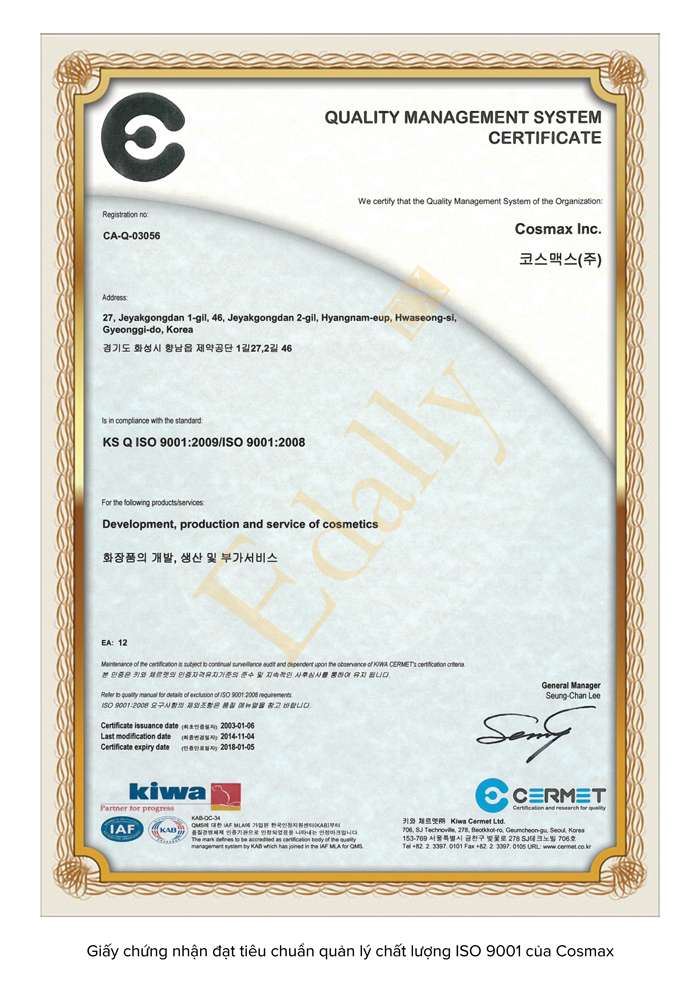 Giấy chứng nhận đạt tiêu chuẩn quản lý chất lượng ISO 9001 của Cosmax